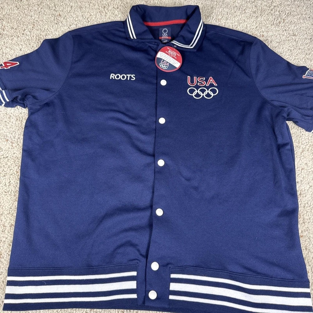 Vtg New! Roots Team USA 2004 Olympic Warm Up Snap Button Blue Parade Shirt XXL